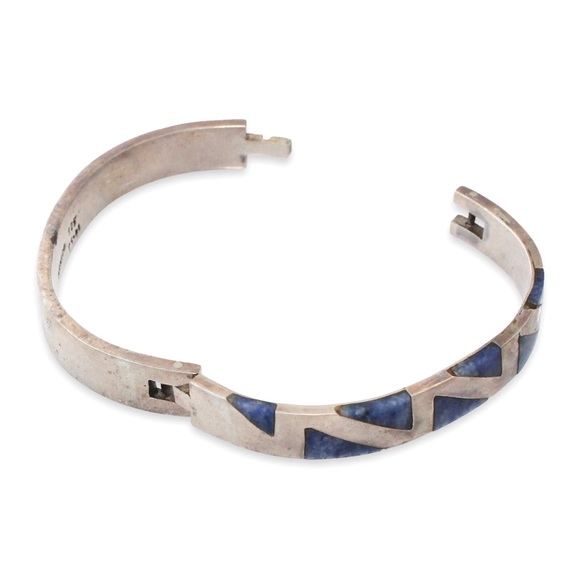 Vintage Taxco Sodalite Sterling Silver Bracelet Geometric Inlay Hinged Cuff - Picture 3 of 5